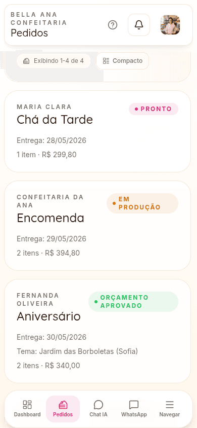 Tela de pedidos do Bakerly no celular